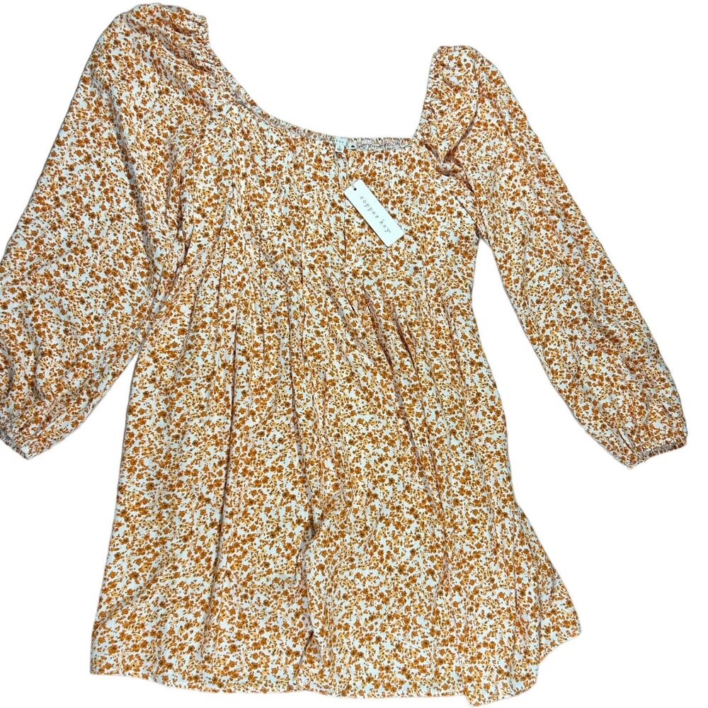 NWT Copper Key Floral Babydoll Dress Large Smocked Square Neck Long Sleeve Mini - Picture 4 of 11